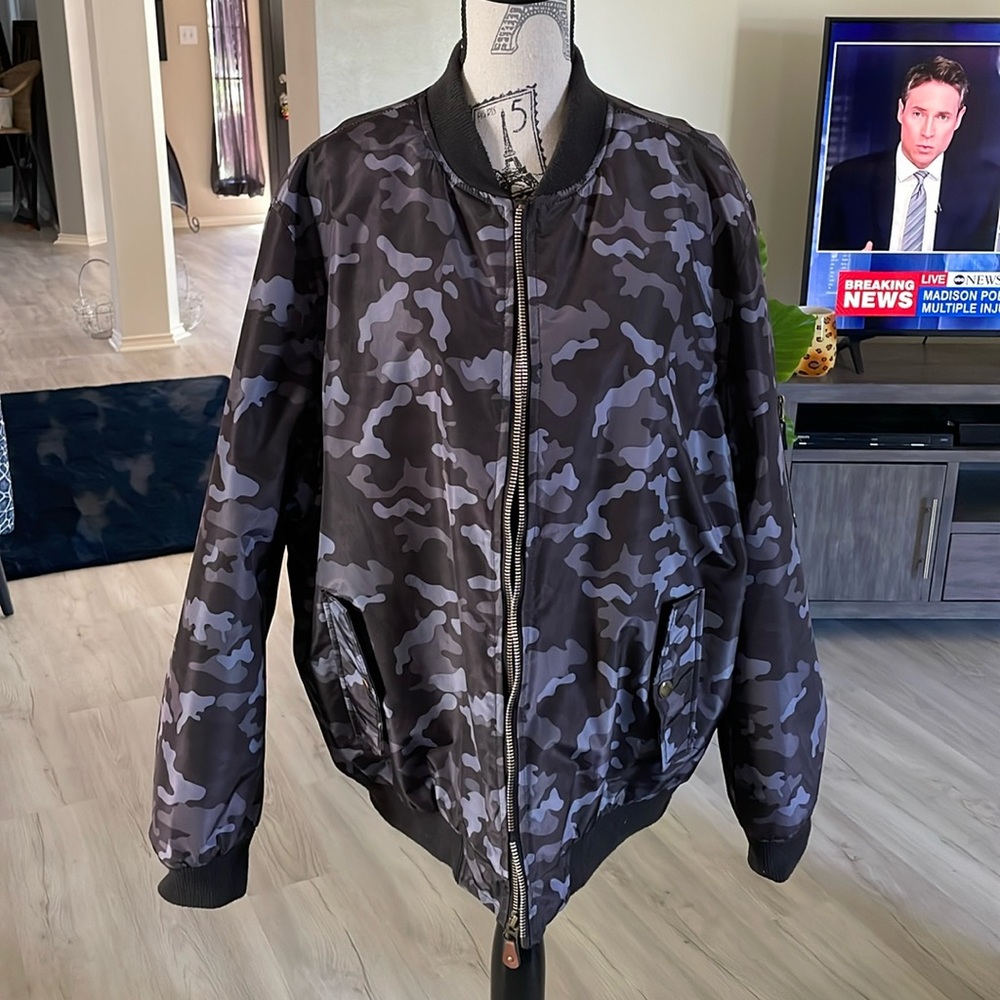 HanTon Camouflage Jacket-Gray/Black- 2XL-Full Zip-Quilted Lining-Black Knit Trim